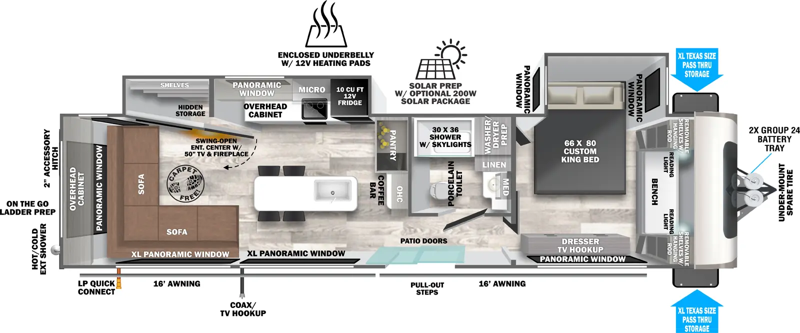 The Hemisphere Travel Trailers 322VIEW floorplan has one entry and two slide outs. Exterior features include: fiberglass exterior and 16' & 16' awning. Interiors features include: kitchen island, front bedroom and rear living.